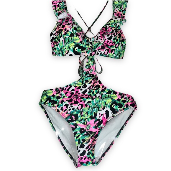 NEW LA LA Swim Floral Cheetah One Piece Swimsuit Swimwear Women’s Size Medium - Picture 8 of 9